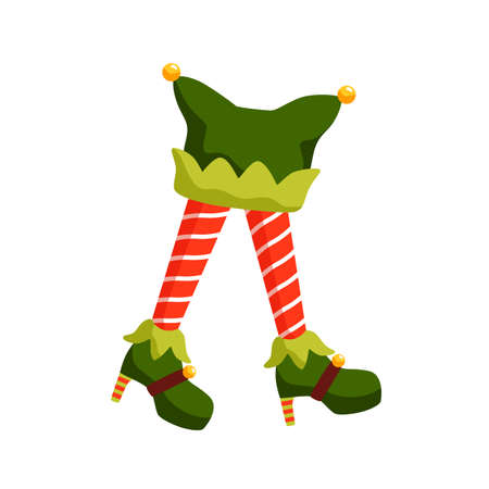 New year elf feet flat illustration. Santa helper in high heel shoes cartoon character. Cute christmas fairy isolated on white background. Elfin legs in striped red socks with xmas hat.のイラスト素材