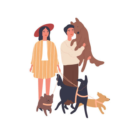 Dog lovers couple flat vector illustration. Young girl and boy with pets, happy family. Relationship, love and kindness, family idyll, animal care concept. Married pair cartoon characters.のイラスト素材