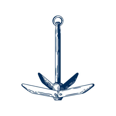 Boat anchor vector illustration. Holding ship in place construction, ship mooring item. Load, heaviness, liner and sailfish accessory. Monochrome steel instrument isolated on white background.のイラスト素材