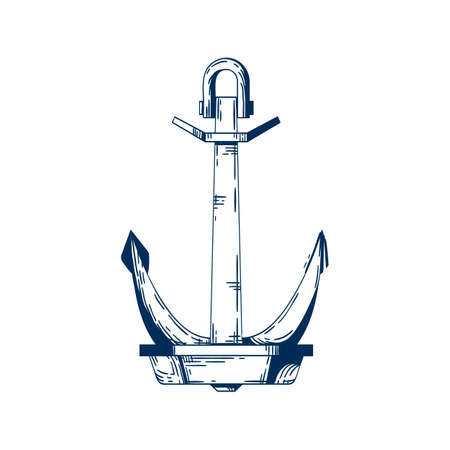 Ship armature vector illustration. Anchor, boat mooring device. Vessel accessory, holding raft in place item, liner attribute. Monocolor metal construction isolated on white background.のイラスト素材