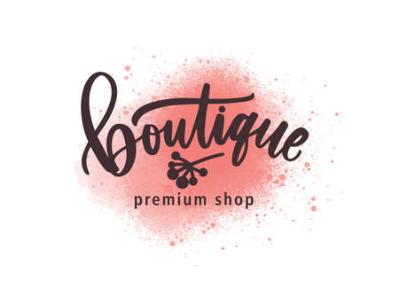 Fashion premium shop logo vector illustration. Luxury clothing store watercolor logotype, label design. Inscription on paint pink splatters background. Boutique lettering with aquarelle brush strokes.のイラスト素材