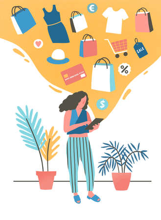 Girl shopping online flat vector illustration. Young woman buying, ordering clothes in internet store. Modern shopper, fashion boutique customer cartoon character. Consumerism, e shopping concept.のイラスト素材