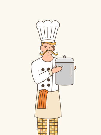 Sous chef flat vector illustration. Professional male cook in white uniform and hat holding saucepan cartoon character. Elite restaurant kitchen staff member. Gourmet meal specialist.のイラスト素材