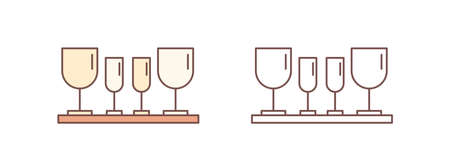 Drinking glasses linear vector icon. Fragile wineglasses, glassware set outline illustration. Stemware on wooden plate isolate on white background. Restaurant tableware for alcoholic beverages.のイラスト素材