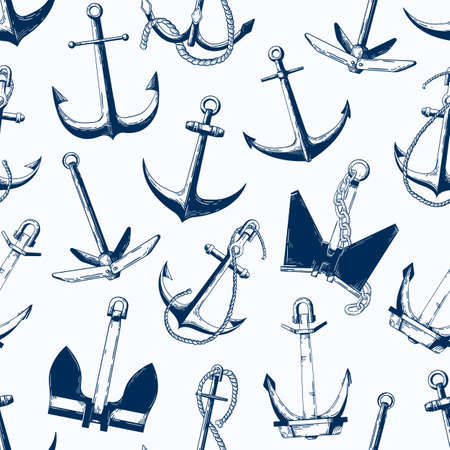 Sea anchors vector seamless pattern. Different ship armature types monochrome texture. Sailboat accessories, nautical vessel equipment monocolor illustration. Textile, wallpaper, wrapping paper design.のイラスト素材