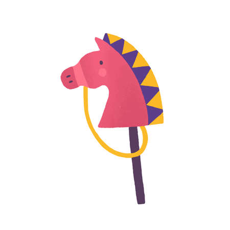 Horse on stick flat vector illustration. Animal head toy isolated on white background. Colorful plaything, childhood accessory. Fun game for little children. Kids leisure and entertainment.のイラスト素材