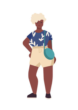 Curvy african american woman flat vector illustration. Beautiful plus size model isolated on white background. Stylish girl with blonde hair cartoon character. Body positive, casual fashionのイラスト素材