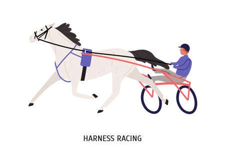 Harness racing flat vector illustration. Male chariot driver cartoon character. Equestrian sport contest, horseback riding competition concept. Harnessed hoss isolated on white background.のイラスト素材