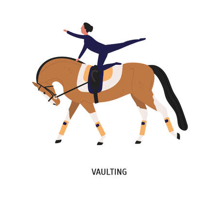 Vaulting, horse riding tricks flat vector illustration. Female gymnast cartoon character. Acrobatic riding, equestrian gymnastics competition concept. Horse and acrobat isolated on white background.のイラスト素材