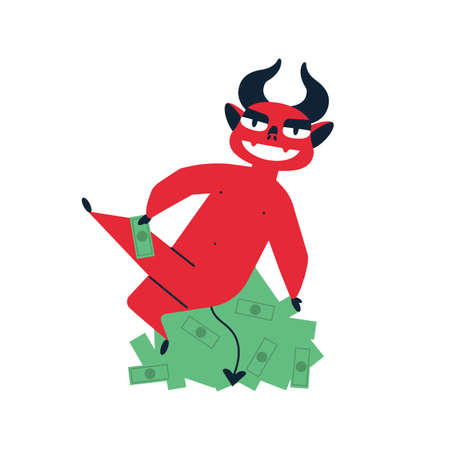 Dishonest earnings flat vector illustration. Devil with money. Criminal income, theft and bribery, illicit proceeds, illegal deal concept. Demon sitting on cash pile isolated on white background.のイラスト素材