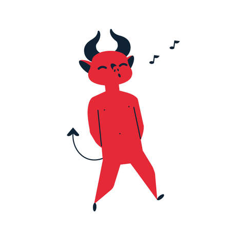 Devil whistling tune flat vector illustration. Carefree life, leisure and recreation, rest and entertainment concept. Red mythical creature, walking demon humming song on white background.のイラスト素材