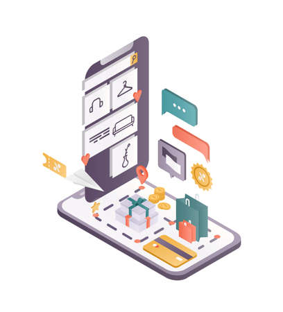 Online shopping app isometric vector illustration. Mobile software, internet store application. Online purchase, convenience and easy use concept. Smartphone isolated on white background.のイラスト素材