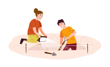 Archaeological excavations, treasure hunt flat vector illustration. Excited archeologists dig out historical discovery cartoon characters. Paleontological research site design element.のイラスト素材