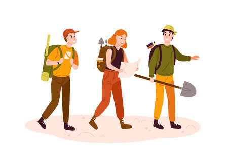 Archeologists team, researchers group flat vector illustration. Excited men and woman with archeological equipment reading map cartoon characters. Treasure hunters searching for artifacts.のイラスト素材