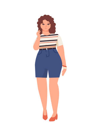 Plus size curly hair girl flat vector illustration. Curvy european female cartoon character wearing t-shirt and denim shorts. Body positive. Plump young woman isolated on white background.のイラスト素材