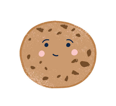 Cute chip cookie flat vector illustration. Adorable smiling biscuit cartoon character. Delicious brown cookie with chocolate crumbs. Tasty baking, homemade pastry with funny face isolated on white.のイラスト素材
