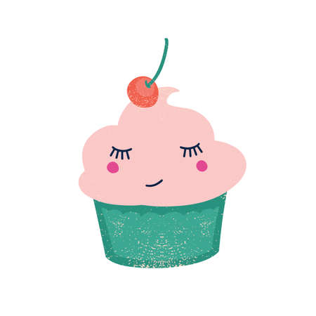 Cute cupcake with cherry flat vector illustration. Creamy confection with berry on top cartoon...
