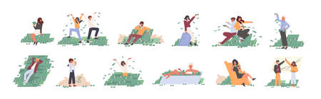 Rich people flat vector illustrations set. Financial success, lottery win, fortune, good luck concept. Men and women with money cartoon characters collection isolated on white background.のイラスト素材