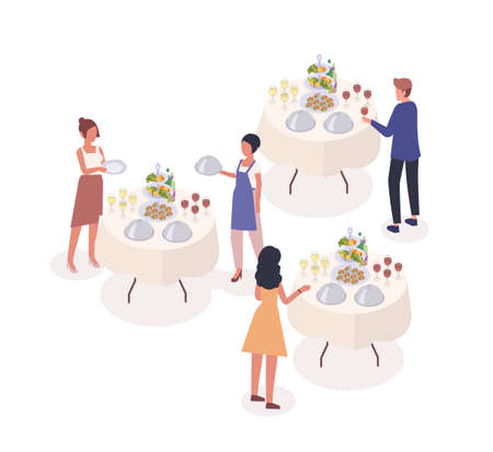 Social event isometric vector illustration. Guests drinking wine, tasting snacks at banquet cartoon characters. Waiter, catering service worker serving dishes. Huge festive occasion celebration party.のイラスト素材