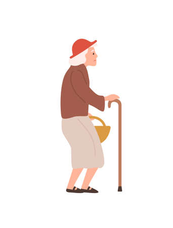 Old lady flat vector illustration. Elderly woman with walking stick. Age, oldness, senility, health problems. Senior female, grandmother cartoon character isolated on white backgroundのイラスト素材