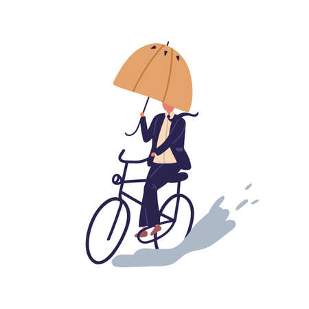 Businessman ride on bicycle under umbrella vector flat illustration. Cartoon man in suit cycling on puddle at autumn rainy day isolated on white background. Male way on bicycling overcoming obstacles.のイラスト素材