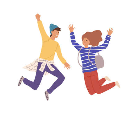 Two smiling teenage people jumping raising hands vector flat illustration. Cartoon young male and female having positive emotion isolated on white background. Rejoicing couple characterのイラスト素材
