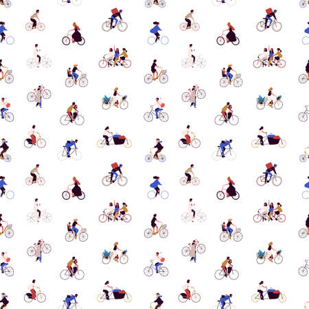 People riding bicycle flat vector seamless pattern. Men and women with urban vehicle background. Cartoon characters riding eco transport texture. Wrapping paper, textile, fabric design.のイラスト素材
