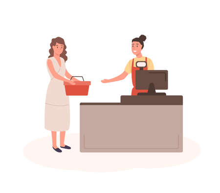 Woman at mall checkout flat vector illustration. Female customer with shopping basket standing in queue cartoon characters. Girl with purchases at cashier desk. Seller and buyer isolated on white.のイラスト素材