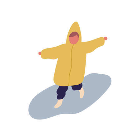 Cute little cartoon child in raincoat running on puddle flat illustration. Happy kid jumping having fun at rainy day isolated on white background. Colored baby funny childhood outdoorのイラスト素材