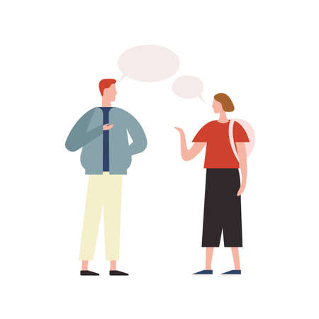 Cartoon trendy male talking with hipster girl vector flat illustration. Two people communicating with speech bubble isolated on white background. Friendly conversation of colored characterのイラスト素材