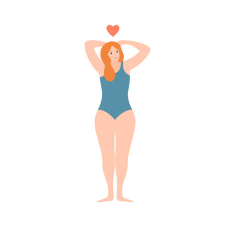 Confident girl in swimsuit smiling love yourself vector flat illustration. Cartoon bodypositive woman enjoying body care isolated on white. Concept of self appreciation and acceptanceのイラスト素材