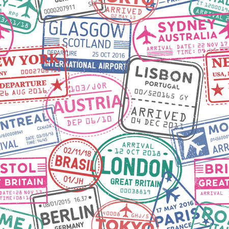 Visa stamps vector seamless pattern. Austria, Glasgow, London, Brasil, Sydney colorful stamps...