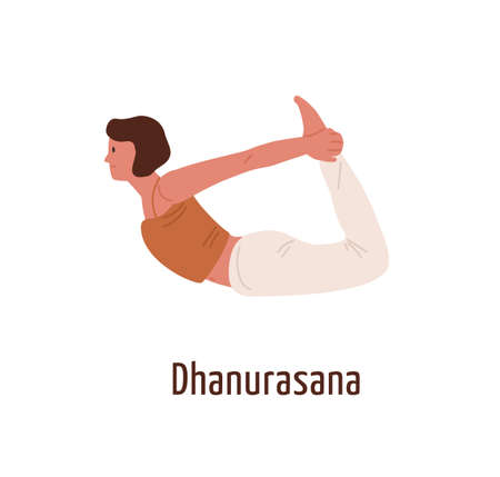 Active cartoon female in dhanurasana position vector flat illustration. Flexible yogi woman demonstrating Bow pose isolated on white. Girl character practicing Hatha yogaのイラスト素材