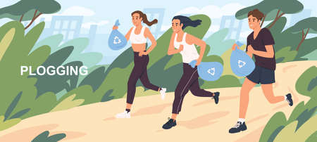 Active cartoon people picking up litter during plogging vector flat illustration. Man and woman...