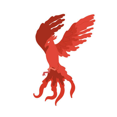 Fairy tale red bird phoenix vector flat illustration. Cartoon fire flying character isolated on...