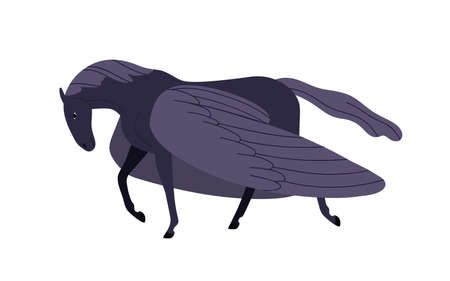 Elegant cartoon black pegasus vector flat illustration. Mythical horse character with wings isolated on white background. Colored fantasy medieval hero with hoovesのイラスト素材