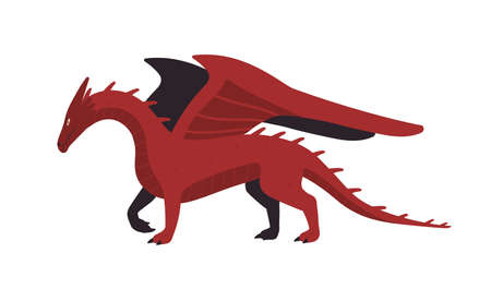 Cartoon red mythical creature dragon isolated on white background. Antique dangerous character with wings vector flat illustration. Colorful fantasy powerful monster side viewのイラスト素材