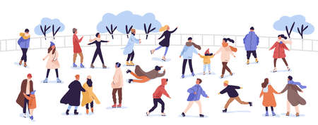 Crowd of active cartoon people ice skating on rink vector flat illustration. Man, woman, children, family and couple outdoors activity isolated on white. Colorful person in seasonal outerwearのイラスト素材