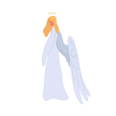Angel cartoon woman in white dress vector flat illustration. Mythical creature female character with halo and wings isolated on white background. Colorful mythological girlのイラスト素材