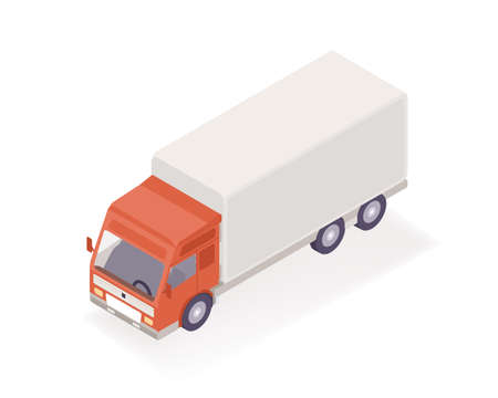Delivery truck isometric vector illustration. Cartoon vehicle express supply parcel service isolated on white background. Modern postal maintenance shipment orders and goods.のイラスト素材