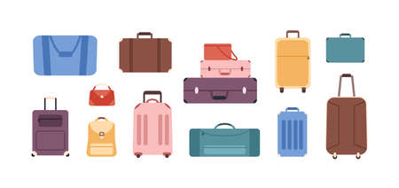 Cartoon colored baggage bag set isolated on white background. Different plastic, metal and leather luggage vector flat illustration. Various travel suitcase, business bags and backpack.のイラスト素材