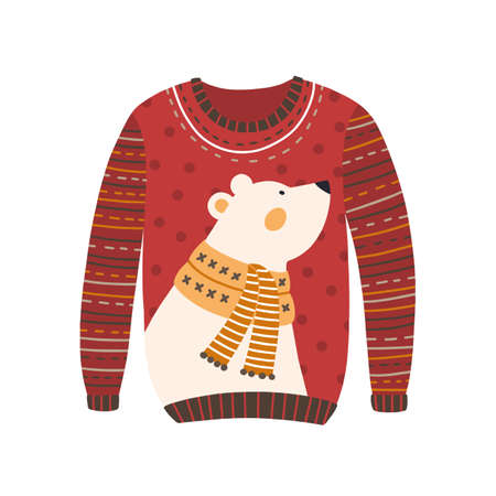Comfortable red handmade Christmas sweater with cute white bear image isolated. Cozy knitted winter season clothes vector flat illustration. Cartoon festive jumper design with animal.のイラスト素材