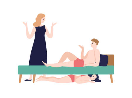 Amazed woman incriminate husband in underwear at bedroom with mistress isolated on white. Womanizer man lying on bed over hiding girlfriend vector flat illustration. Love triangle conceptのイラスト素材