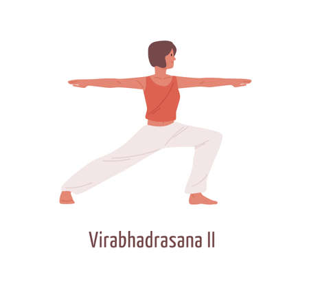 Active cartoon woman practicing virabhadrasana II position isolated on white. Yogi female exercising Hatha yoga Warrior Pose vector flat illustration. Girl performing gymnastics fitness workoutのイラスト素材