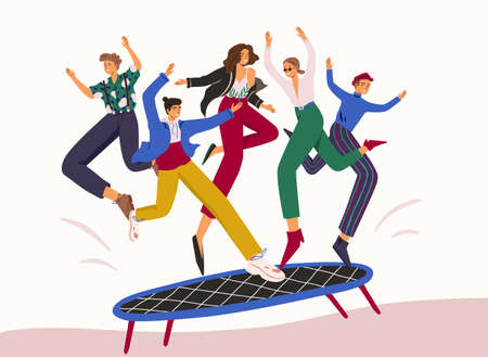 Smiling cartoon people jumping on trampoline flat vector illustration. Colorful man and woman...