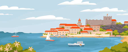 Beautiful European town on summer sea coast vector graphic illustration. Natural panoramic landscape view sky, water, city houses, ships and boats amazing seascapeのイラスト素材