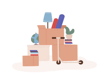 Cartoon boxes with different things ready for moving isolated on white background. Heap colored cardboard packaging with stuff for relocating prepare to delivery service vector graphic illustrationのイラスト素材