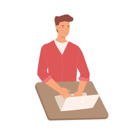 Smiling cartoon male working use laptop on table vector graphic illustration. Positive colored man programmer on notebook using digital display technology isolated on white backgroundのイラスト素材