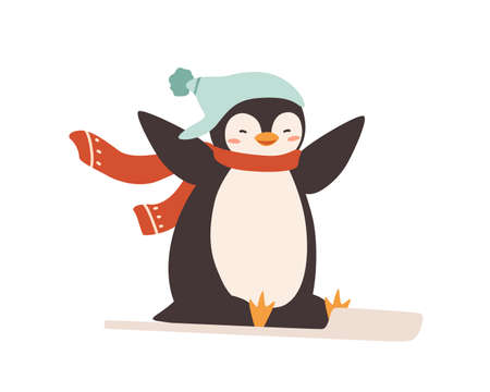 Smiling cartoon cute penguin in warm hat and scarf riding on sled vector flat illustration. Positive arctic animal wearing winter clothing enjoying outdoors activity isolated on white.のイラスト素材