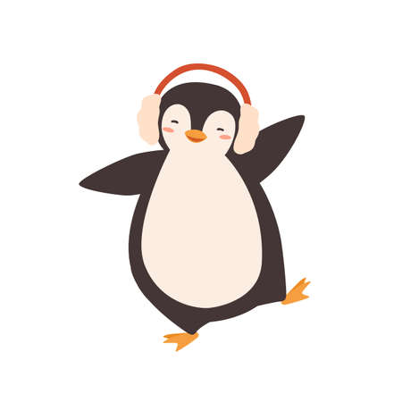 Funny dancing cartoon penguin in earmuffs vector flat illustration. Adorable happy polar animal moving in warm accessory isolated on white background. Cute wild arctic characterのイラスト素材
